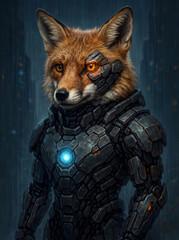 Anthropomorphic cyborg fox in futuristic armor with glowing blue core
