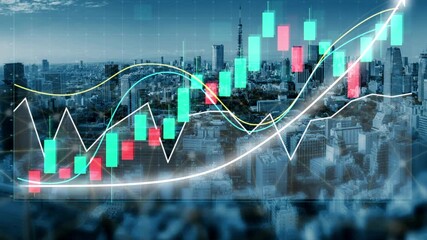 Detailed visual representation of financial growth with a candlestick chart against a city skyline, showcasing market trends and investment strategies in an urban setting. Copula - Powered by Adobe