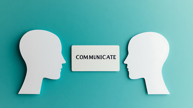 Conceptual shot: Two cutout heads face each other, with the word "COMMUNICATE" between them, highlighting the importance of effective communication for relationships and understanding.