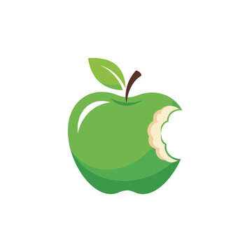 Vibrant green apple with a single bite taken out of its side, revealing the white flesh, set against a clean white background.