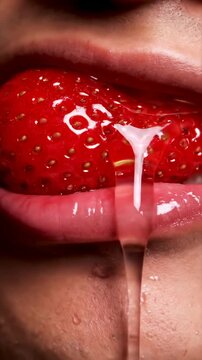 Close look at a person taking a bite of a fresh strawberry in a simple setting