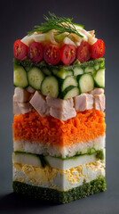 Healthy Tower Of Meats And Vegetables, Nutrientrich Protein Layered Salad With Fresh Ingredients