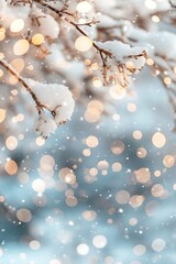 Bright daylight shines down on falling snow, causing gentle bokeh effects among branches covered in snow. The scene shows a winter setting filled with light and snowflakes