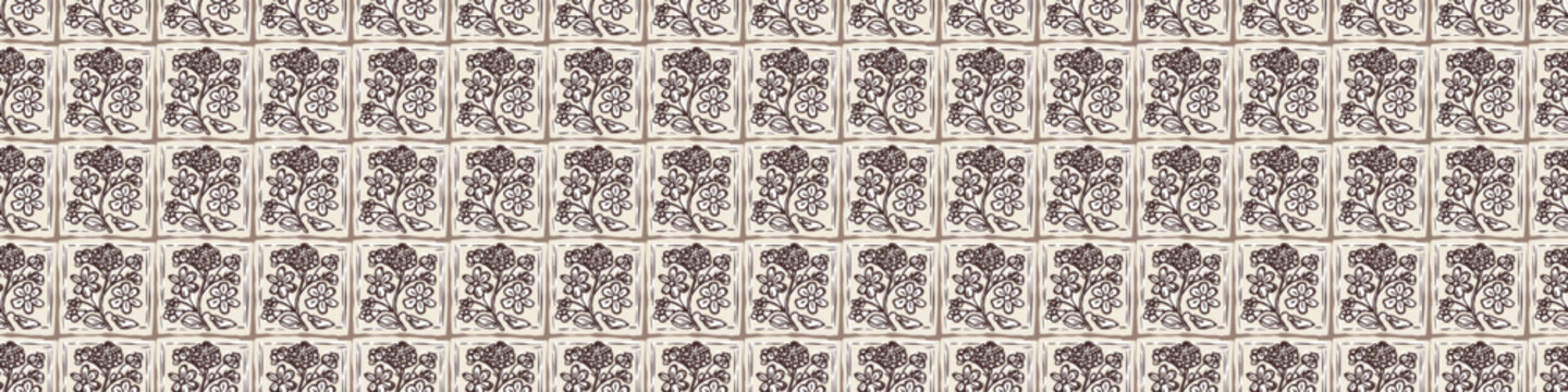 Hand drawn bold floral bloom lino cut style seamless pattern border background. Flat vector stylish design wildflower motif Patchwork block print tape. Rustic neutral organic banner edge linen look