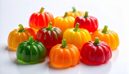 Fototapeta premium Pile of glossy jelly candies shaped like pumpkins in red, orange, yellow, and green on soft white background.