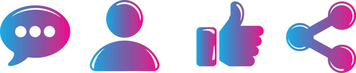 Obraz premium Colorful social media icons including speech bubble person like and share on transparent background