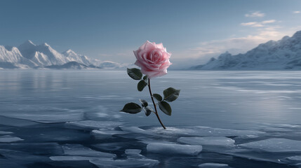 Delicate pink rose blooming through icy frozen lake with snowy mountains in the distance under a clear sky.