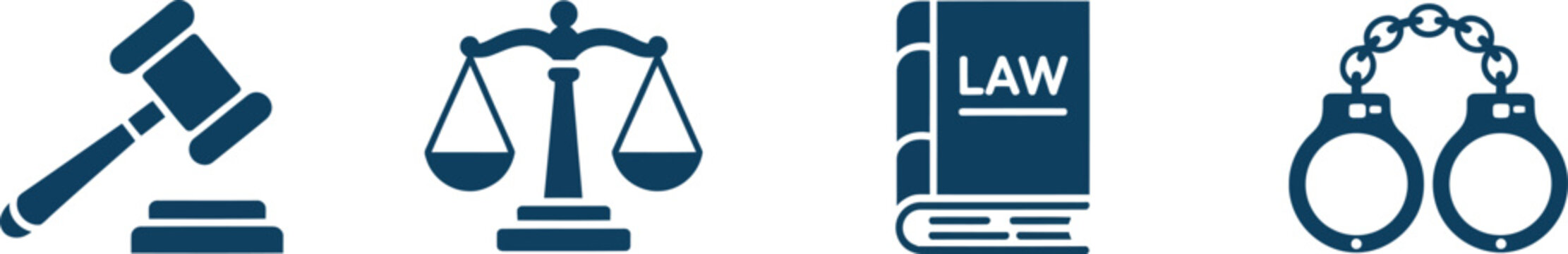 Legal symbols including gavel scales of justice law book and handcuffs on transparent background

