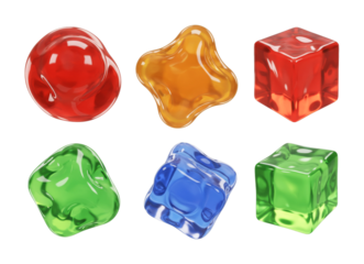 Vibrant translucent jelly shapes and cubes showcase a glossy, fluid texture in various bright colors like red, orange, green, and blue.