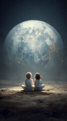 Children Admire Earth, Kids Gaze At Glowing Planet, Youngster Duo Observing Luminous Globe Above Them