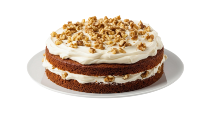 Delicious carrot cake with cream cheese frosting and walnuts on plate, cut out, stock png, isolated on transparent background