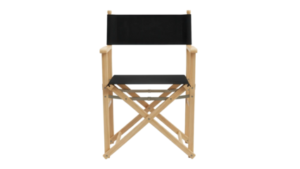 Wooden director's chair with black fabric, cut out, stock png, isolated on transparent background