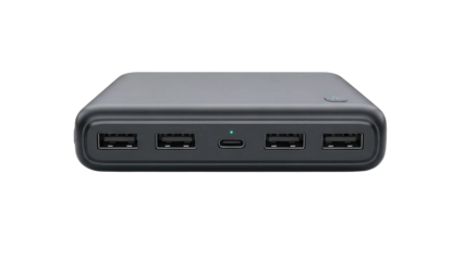 Dark gray portable power bank with multiple USB and USB-C ports, cut out, stock png, isolated on transparent background