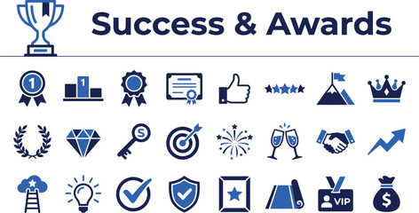 Success and Awards Vector Icon Set. Achievement, Trophy, Victory, and Winner Symbols. Blue Flat Design Style.