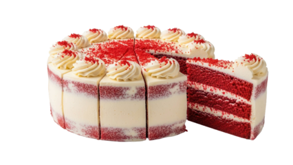 Red velvet cake sliced, showing layers with cream cheese frosting, cut out, stock png, isolated on transparent background