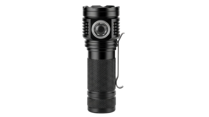Black modern tactical flashlight with metal clip, cut out, stock png, isolated on transparent background