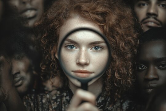 Diverse group of people gathered as a young woman holds a magnifying glass, exploring curiosity and connection in a dark setting