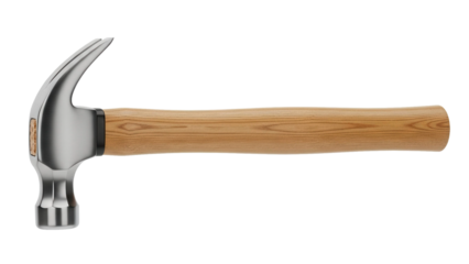 New claw hammer with wood handle and metal head lies horizontally, cut out, stock png, isolated on transparent background