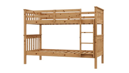 Light brown wooden bunk bed with ladder and safety rails, cut out, stock png, isolated on transparent background