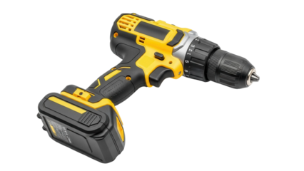 Cordless power drill in yellow and black, used for construction and DIY work, cut out, stock png, isolated on transparent background