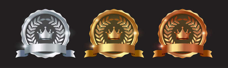 Gold, Silver and Bronze Crown Laurel Badge Vector Set. Luxury Royal Award Emblems with Ribbon, Premium Certification Seals, Winner Achievement Medals and Elegant Design Isolated on Dark Background