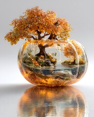 Magical glass terrarium with glowing autumn tree high resolution picture