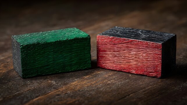 wooden green and red cubes, isolated on a neutral background, minimal concept. Concept: Choice and comparison, yes vs no, decision making, approval and rejection, evaluation, contrast, binary options.