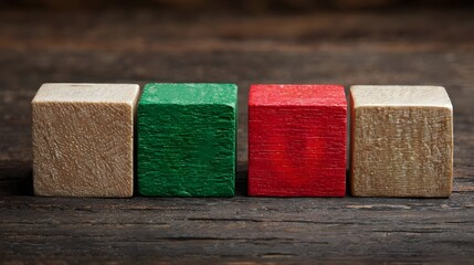 wooden green and red cubes, isolated on a neutral background, minimal concept. Concept: Choice and comparison, yes vs no, decision making, approval and rejection, evaluation, contrast, binary options.