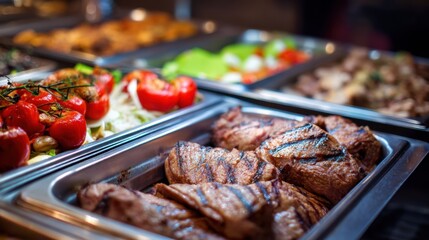 Trays filled with grilled meat tomatoes and fresh vegetables are displayed at a gathering. People enjoy food and socialize in the background in the evening light.