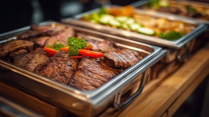 Obraz premium A buffet with trays of grilled meat vegetables and sides arranged for guests at an indoor event in the evening focusing on food presentation.