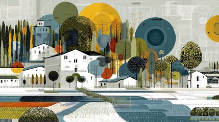 Modern abstract cityscape with colorful trees design high resolution picture