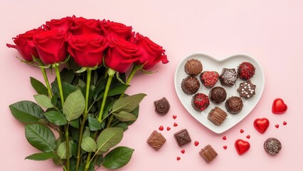 Red roses bouquet with heart shaped chocolates in elegant bowl, ideal for Valentine's bouquets, romantic gift sets and love themed confectionery advertising.