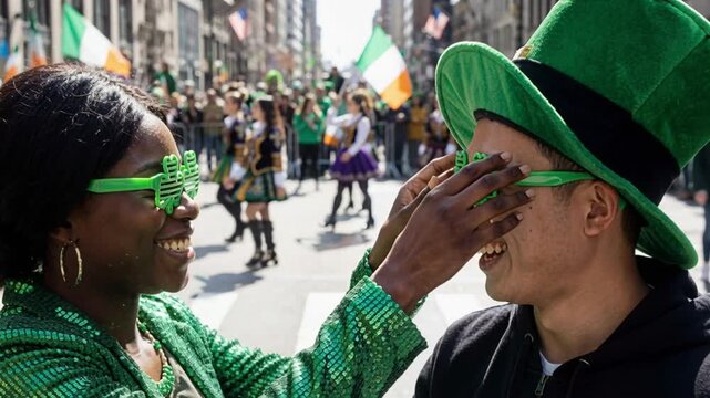 Young black woman and asian man wearing a leprechaun hat adjusting their novelty clover glasses while enjoying a st. Patrick's day parade