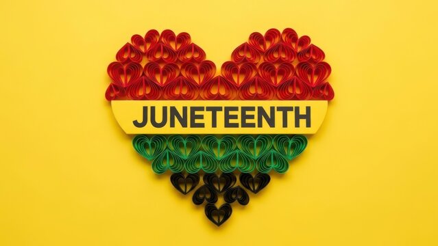  Heart shaped Juneteenth flag made of red, black, green Pan-African colors, emancipation celebration symbol for June 19th American holiday commemorating slavery end.