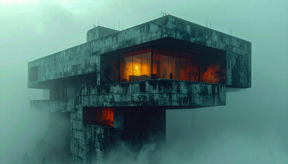 Modern structure sits on rocky hillside surrounded by fog and mist near mountains in early morning light