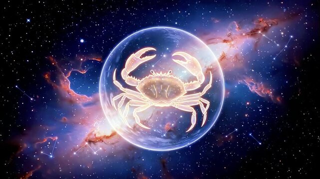 Glowing zodiac cancer crab moves inside an energy sphere against a dark starry cosmic background, shimmering particles orbit the shell in mystic motion concept of astrology and celestial symbolism