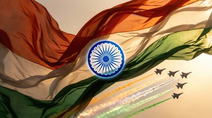 Indian flag colors of orange white and green with a blue chakra emblem in the center of the waving fabric design