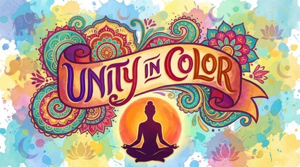 Obraz premium Unity in color text above a meditating figure silhouette with colorful abstract shapes and splatters around the design