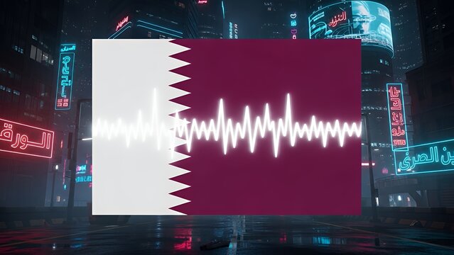 Qatar flag waving with heartbeat signal in a futuristic cityscape at dusk with neon lights reflecting on wet pavement
