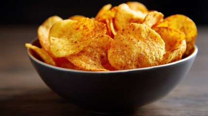 A close-up view of a bowl filled with crispy, golden brown, spicy potato chips. The crunchy snack is perfectly seasoned and looks delicious. Ideal for snack time or party servings, these chips are sur
