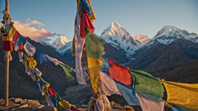 Colorful prayer flags with mountain peaks landscape in warm sunlight outdoor scenic background