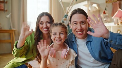 Family waving hands portrait. Cheerful parents daughter greeting emotionally