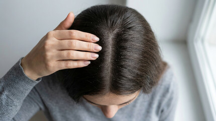 Close-up of a person's dark hair and scalp, showing visible white flakes of dandruff. A hand is touching the head, possibly scratching or examining