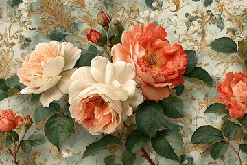 Romantic floral illustration featuring red and cream peonies high resolution picture