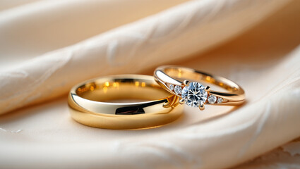 Elegant Wedding Rings Close-Up on Soft Fabric Background