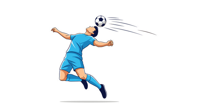 Soccer player in blue uniform performing a header with a fast moving football in a dynamic sports action pose.