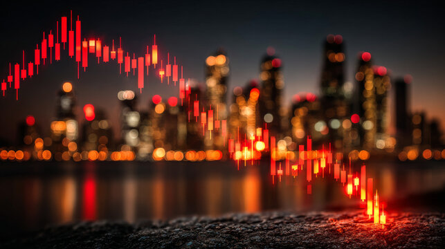 Falling red business graph grid on blurry night city background. Crisis, recession and stock market concept. Double exposure
