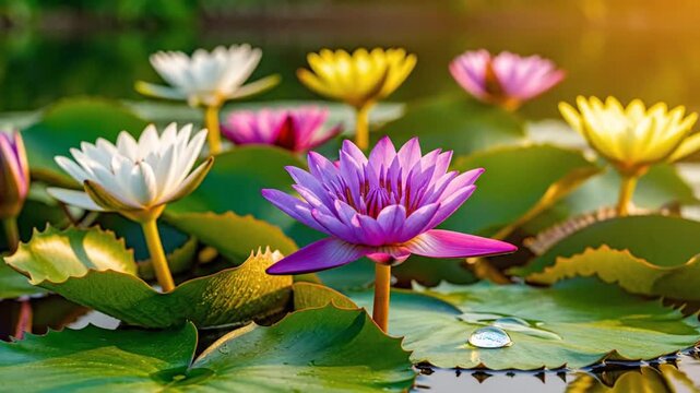 Colorful water lilies floating on pond with lush green foliage and sunlight