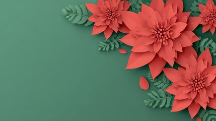 Poinsettia on green background, also known as Christmas flower, Christmas flower decoration, red and green foliage. Copy space