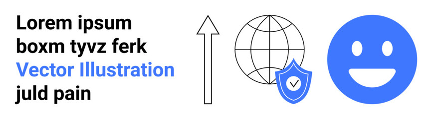 Fototapeta premium Digital security, data protection, global connectivity, online privacy, cybersecurity, positive user experience. Elements include a globe, shield arrow and happy face. Digital security and data